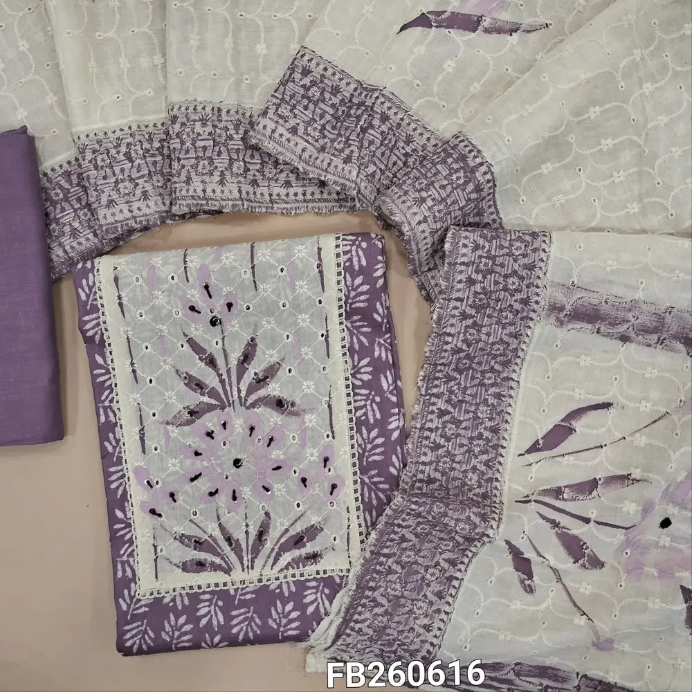 Mauve shade pure cotton unstitched salwar material(lining optional)brush paint work on yoke with thread detailing ,printed all over,matching cotton bottom, self thread embroidery and brush paint work on pure cotton dupatta. FB260616