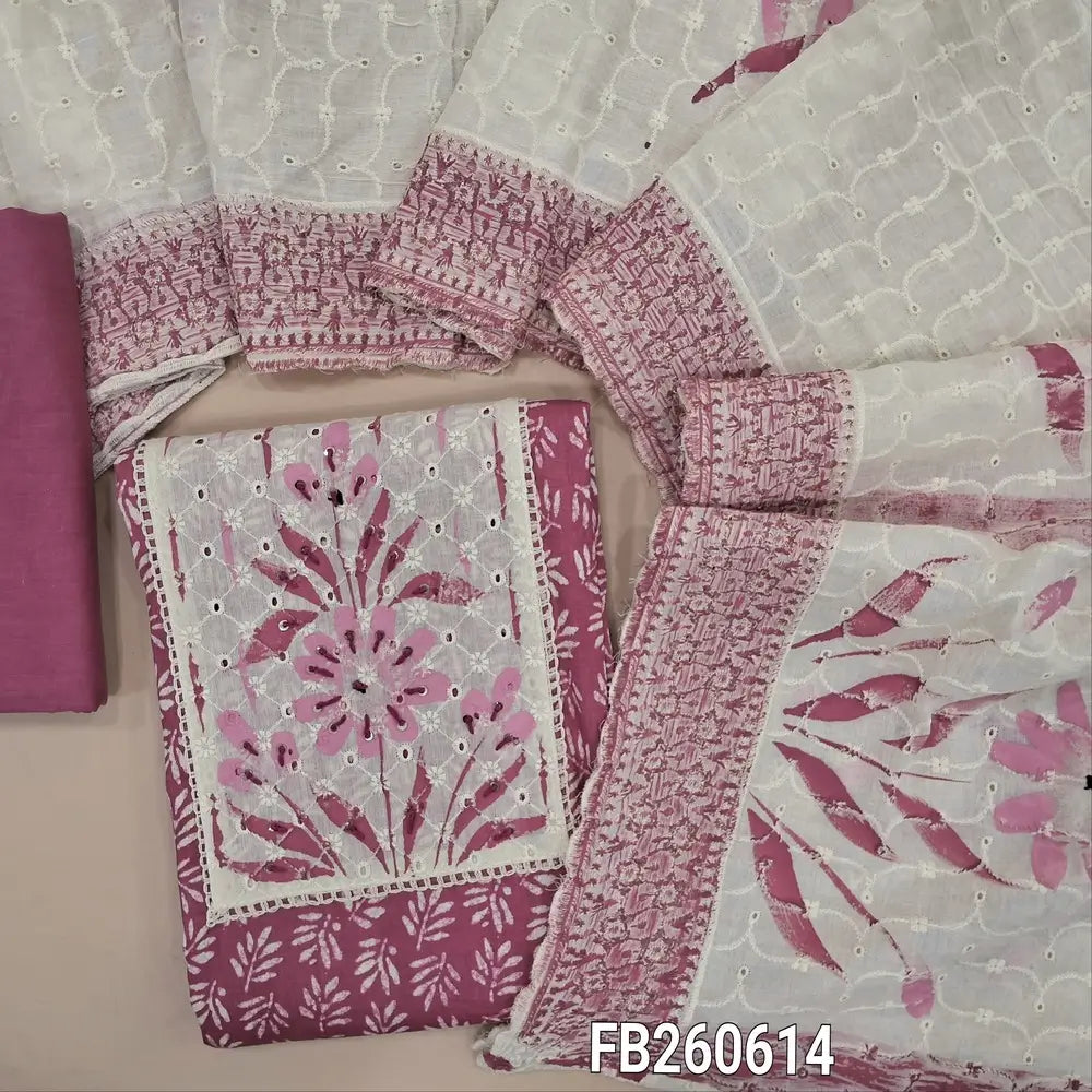 Pink pure cotton unstitched salwar material(lining optional)brush paint work on yoke with thread detailing ,printed all over,matching cotton bottom, self thread embroidery and brush paint work on pure cotton dupatta. FB260614