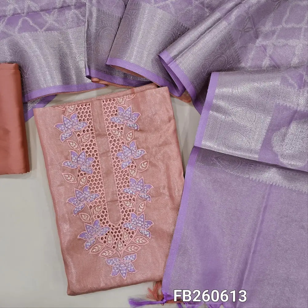 Light peachish pink with golden tint tissue silk cotton unstitched salwar material(lining needed)cut work,embroidery and sequins work on yoke, matching silk cotton bottom,dual shaded Benarasi zari weaving tissue silk cotton dupatta with tassles. FB260613