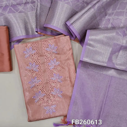 Light peachish pink with golden tint tissue silk cotton unstitched salwar material(lining needed)cut work,embroidery and sequins work on yoke, matching silk cotton bottom,dual shaded Benarasi zari weaving tissue silk cotton dupatta with tassles. FB260613