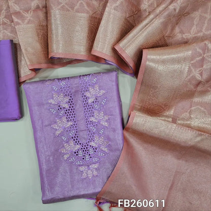 Lavender with golden tint tissue silk cotton unstitched salwar material(lining needed)cut work,embroidery and sequins work on yoke, matching silk cotton bottom,dual shaded Benarasi zari weaving tissue silk cotton dupatta with tassles. FB260611