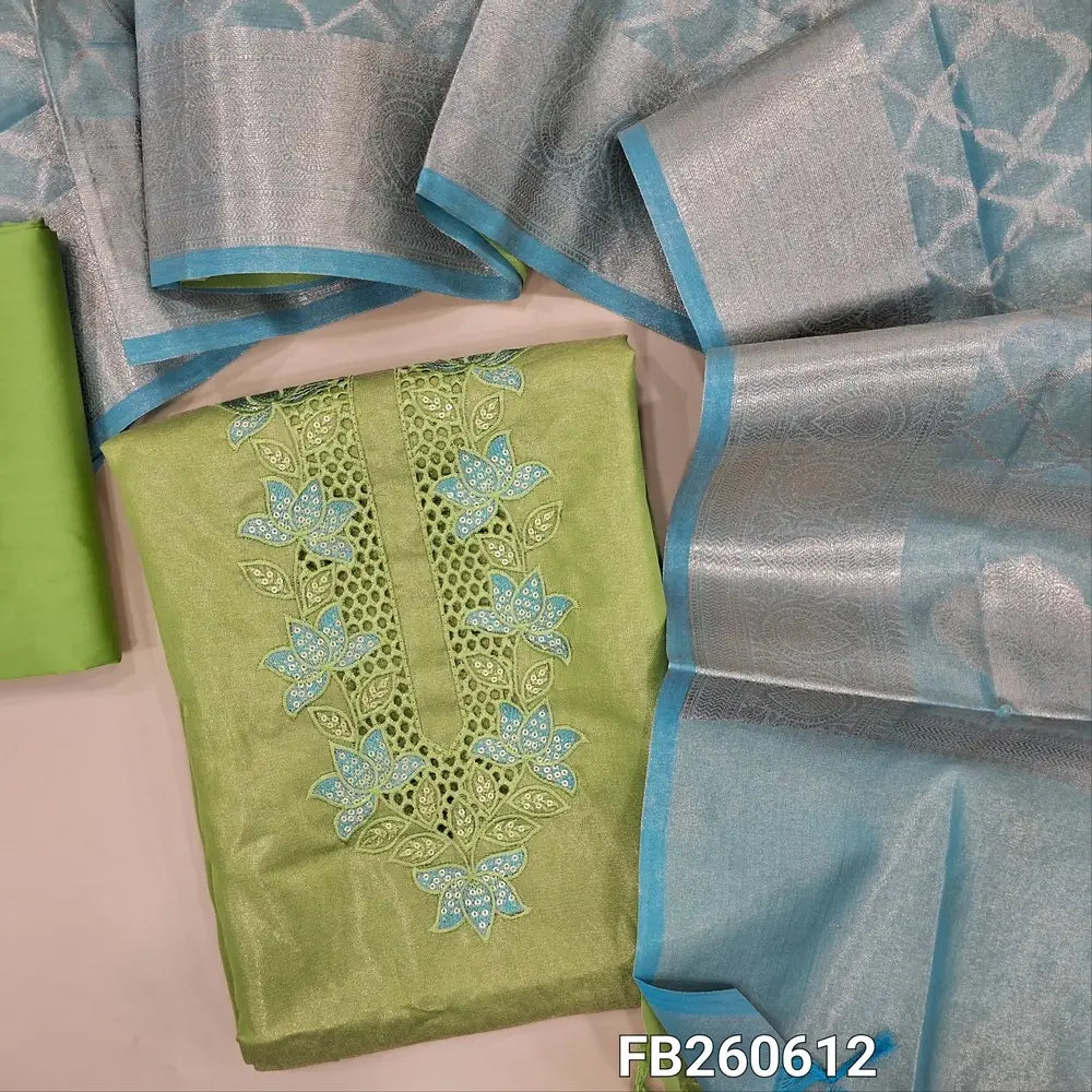 Pastel green with golden tint tissue silk cotton unstitched salwar material(lining needed)cut work,embroidery and sequins work on yoke, matching silk cotton bottom,dual shaded Benarasi zari weaving tissue silk cotton dupatta with tassles. FB260612