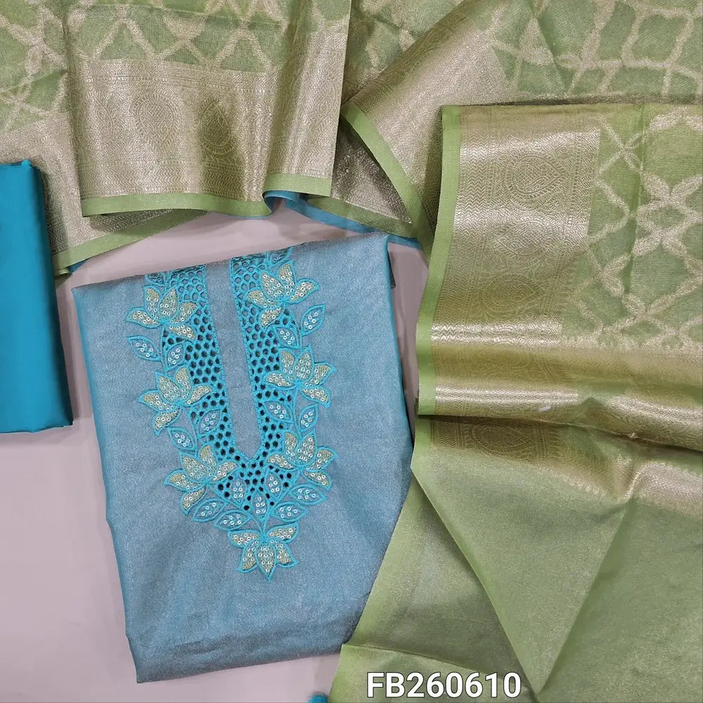 Pastel blue with golden tint tissue silk cotton unstitched salwar material(lining needed)cut work,embroidery and sequins work on yoke, matching silk cotton bottom,dual shaded Benarasi zari weaving tissue silk cotton dupatta with tassles. FB260610