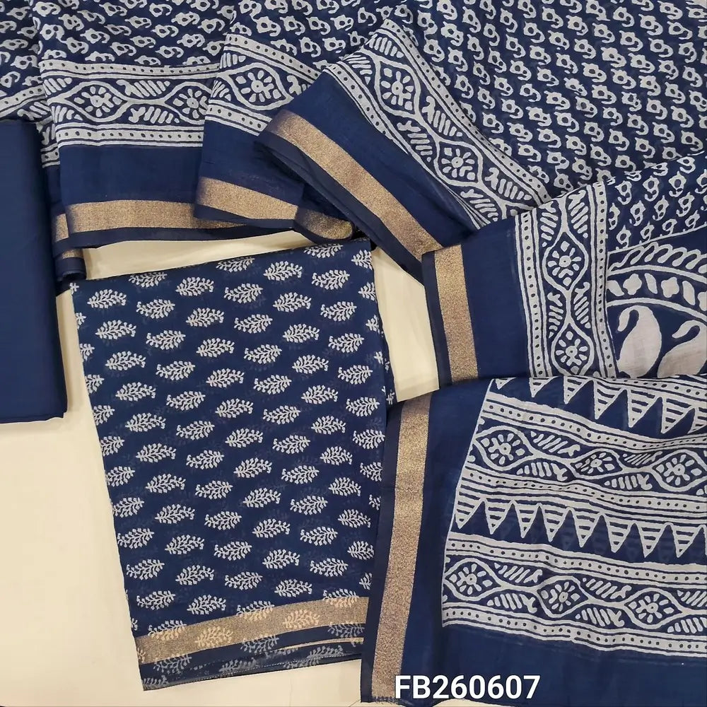 Dark blue Printed soft silk cotton unstitched salwar material (lining needed) tissue borders on daman, matching spun cotton bottom, printed full length silk cotton dupatta with borders(TAPING NEEDED). FB260607