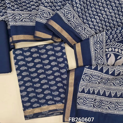 Dark blue Printed soft silk cotton unstitched salwar material (lining needed) tissue borders on daman, matching spun cotton bottom, printed full length silk cotton dupatta with borders(TAPING NEEDED). FB260607