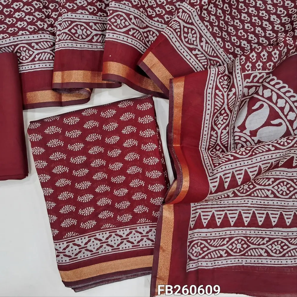 Dark maroon Printed soft silk cotton unstitched salwar material (lining needed) tissue borders on daman, matching spun cotton bottom, printed full length silk cotton dupatta with borders(TAPING NEEDED). FB260609