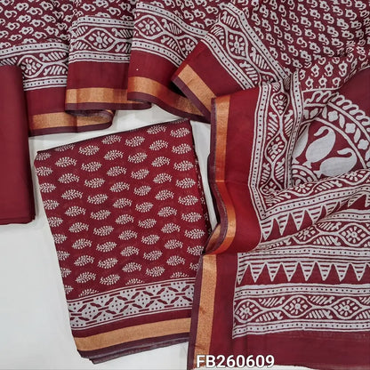 Dark maroon Printed soft silk cotton unstitched salwar material (lining needed) tissue borders on daman, matching spun cotton bottom, printed full length silk cotton dupatta with borders(TAPING NEEDED). FB260609