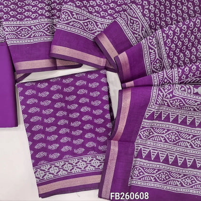 Bright purple Printed soft silk cotton unstitched salwar material (lining needed) tissue borders on daman, matching spun cotton bottom, printed full length silk cotton dupatta with borders(TAPING NEEDED). FB260608