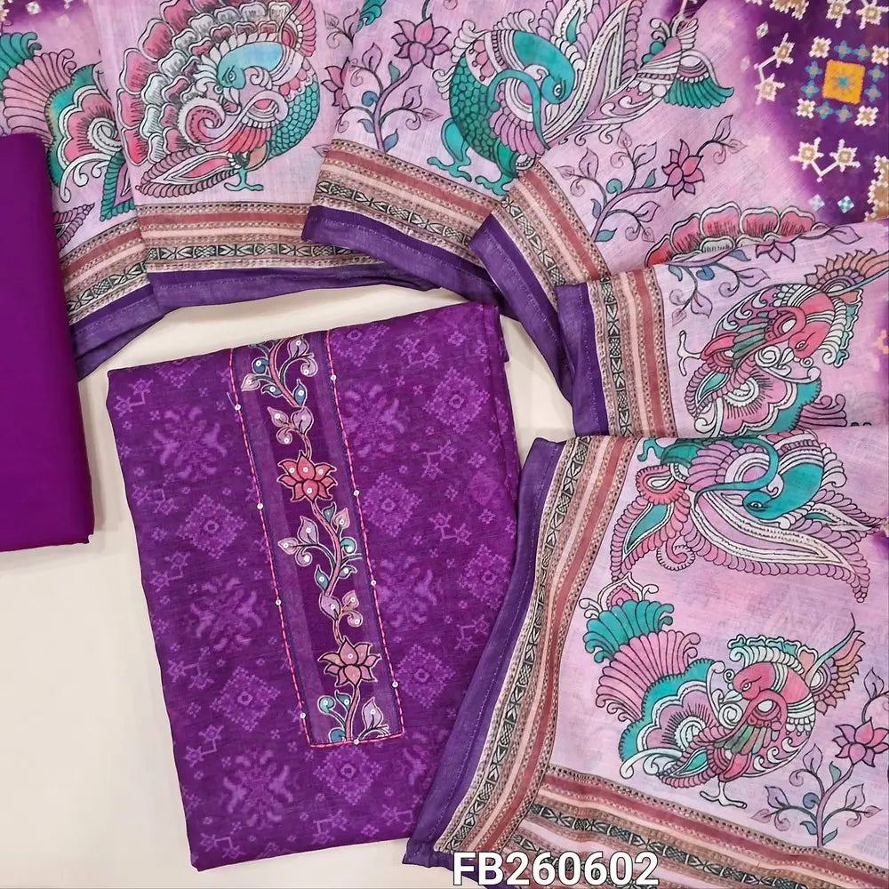 Dark purple semi linen unstitched salwar material,(light weight,lining needed)floral printed yoke with kantha stitch and sequins work,patola printed all over,matching cotton bottom, patola and kalamkari printed on semi linen dupatta .FB260602