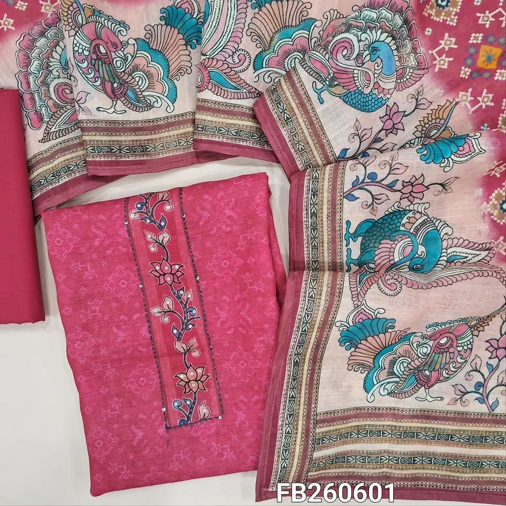 Dark pink semi linen unstitched salwar material,(light weight,lining needed)floral printed yoke with kantha stitch and sequins work,patola printed all over,matching cotton bottom, patola and kalamkari printed on semi linen dupatta .FB260601
