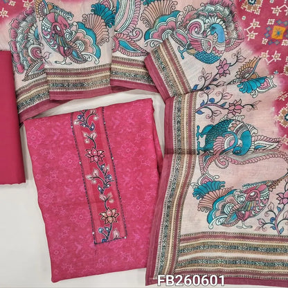 Dark pink semi linen unstitched salwar material,(light weight,lining needed)floral printed yoke with kantha stitch and sequins work,patola printed all over,matching cotton bottom, patola and kalamkari printed on semi linen dupatta .FB260601