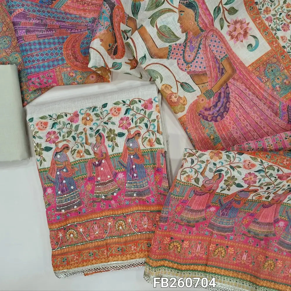 Rich beige tissue linen unstitched salwar material,digital printed yoke with zardozi,pearl bead and cut bead work, sober printed all over (Textured, Lining Needed) rich daman,matching cotton bottom, digital printed tissue linen dupatta. FB260704