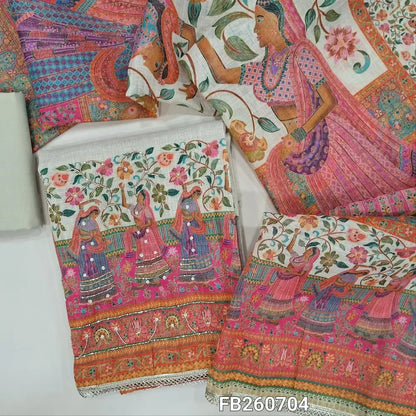 Rich beige tissue linen unstitched salwar material,digital printed yoke with zardozi,pearl bead and cut bead work, sober printed all over (Textured, Lining Needed) rich daman,matching cotton bottom, digital printed tissue linen dupatta. FB260704
