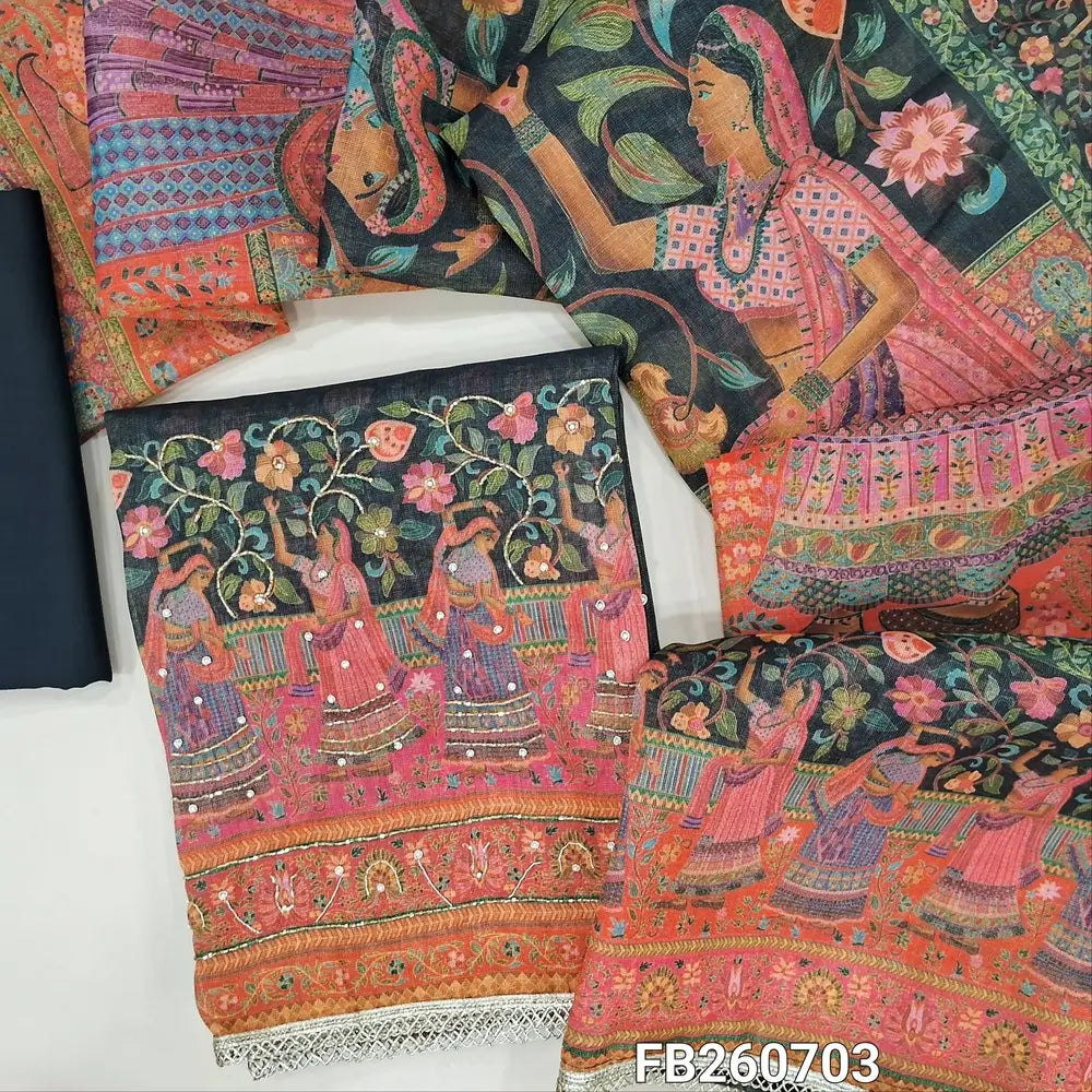 Black tissue linen unstitched salwar material,digital printed yoke with zardozi,pearl bead and cut bead work, sober printed all over (Textured, Lining Needed) rich daman,matching cotton bottom, digital printed tissue linen dupatta. FB260703