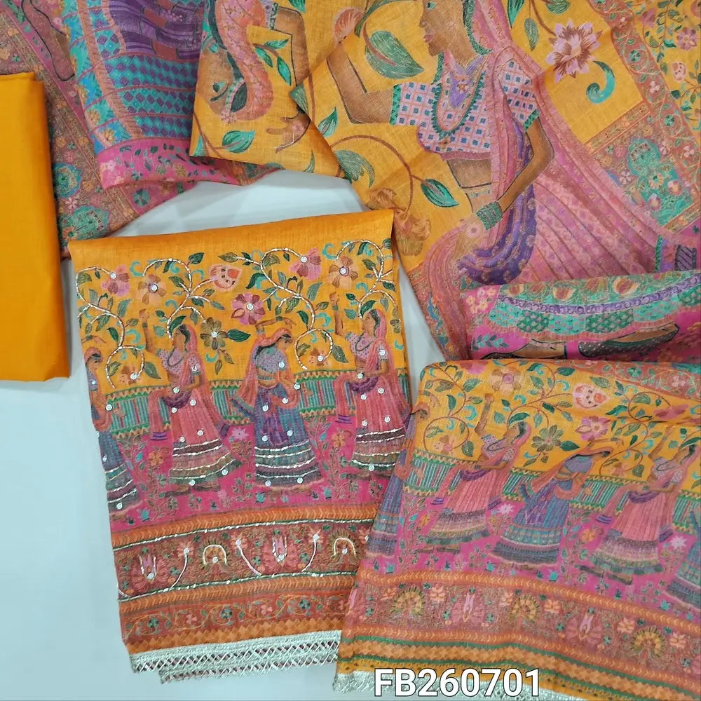 Light orange tissue linen unstitched salwar material,digital printed yoke with zardozi,pearl bead and cut bead work, sober printed all over (Textured, Lining Needed) rich daman,matching cotton bottom, digital printed tissue linen dupatta. FB260701
