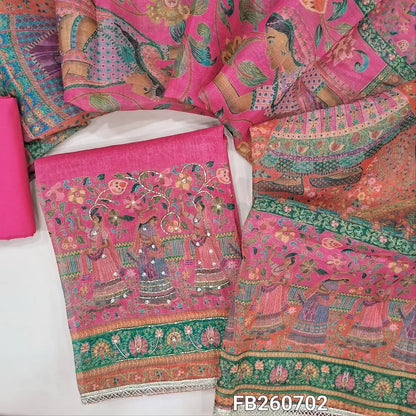 Bright pink  tissue linen unstitched salwar material,digital printed yoke with zardozi,pearl bead and cut bead work, sober printed all over (Textured, Lining Needed) rich daman,matching cotton bottom, digital printed tissue linen dupatta. FB260702