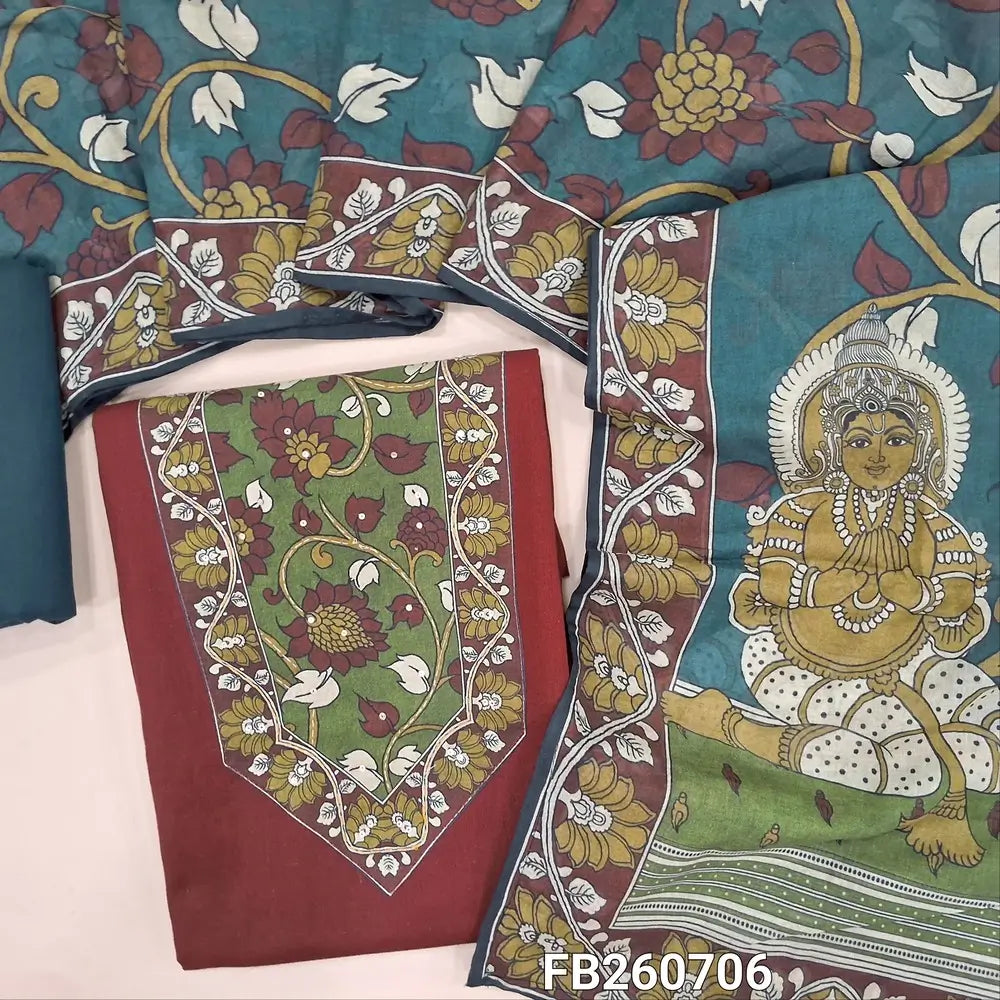 Reddish maroon premium cotton unstitched salwar material, kalamkari printed yoke with sequins and kantha stitch detailing(lining optional)teal blue cotton bottom,kalamkari printed short width pure mul cotton dupatta. FB260706