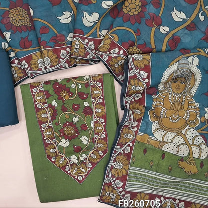 Olive green premium cotton unstitched salwar material, kalamkari printed yoke with sequins and kantha stitch detailing(lining optional)teal blue cotton bottom,kalamkari printed short width pure mul cotton dupatta. FB260705