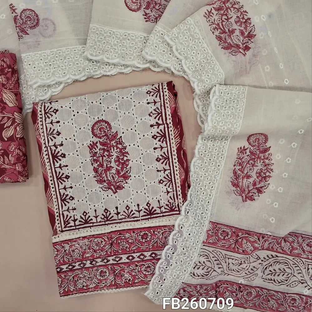 Dark maroon schiffli embroidered pure cotton unstitched salwar material(lining optional) panel design, hand block printed, floral printed cotton botton, block printed and schiffli embroidery work on mul cotton dupatta. FB260709
