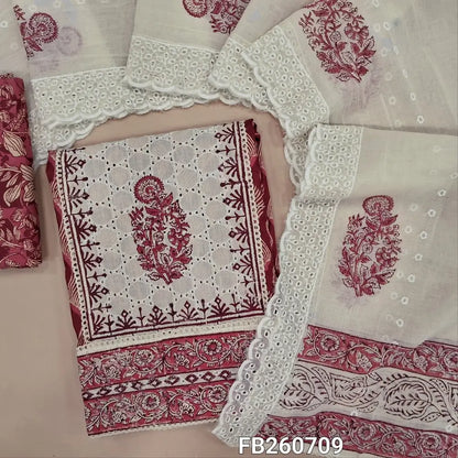 Dark maroon schiffli embroidered pure cotton unstitched salwar material(lining optional) panel design, hand block printed, floral printed cotton botton, block printed and schiffli embroidery work on mul cotton dupatta. FB260709