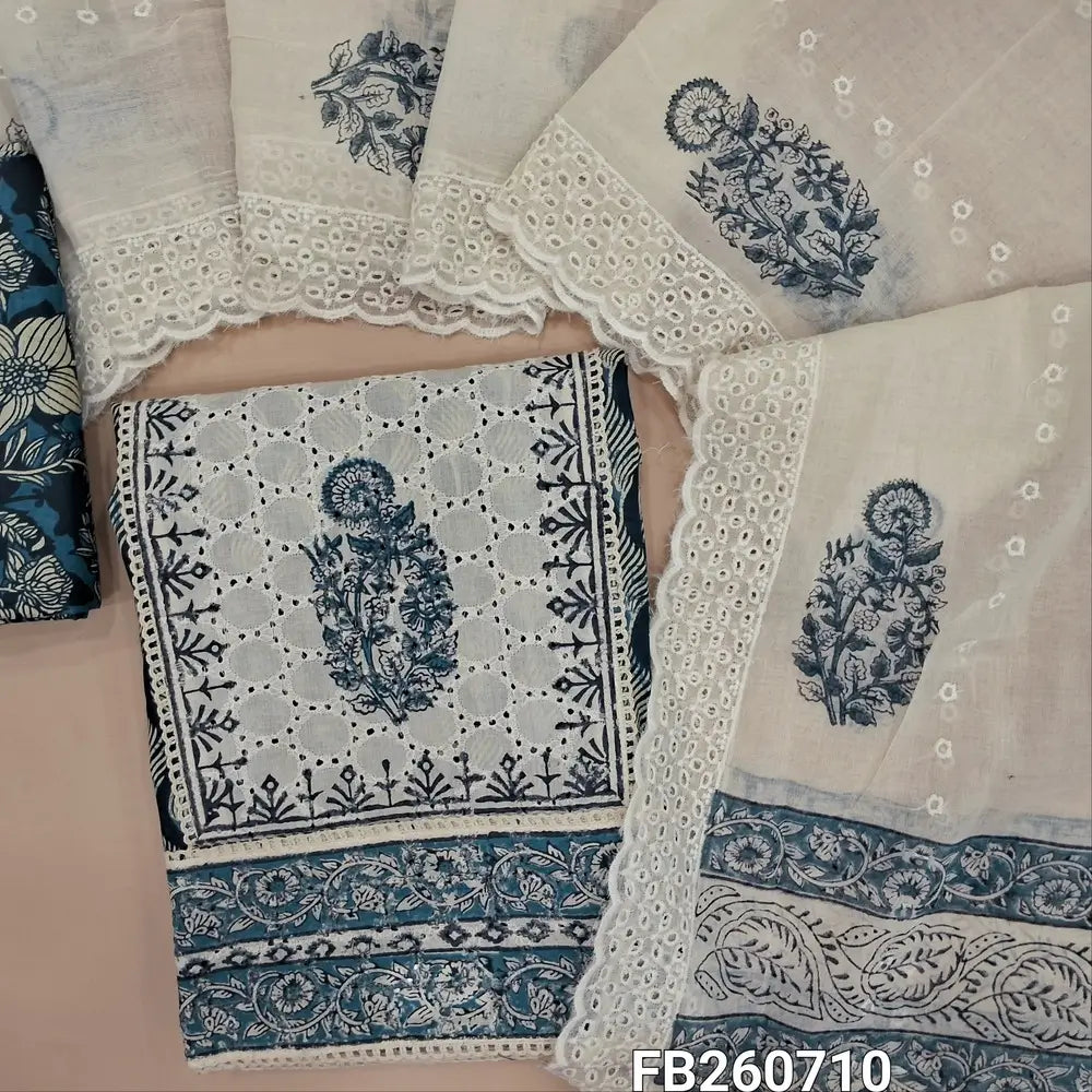Dark blue schiffli embroidered pure cotton unstitched salwar material(lining optional) panel design, hand block printed, floral printed cotton botton, block printed and schiffli embroidery work on mul cotton dupatta. FB260710