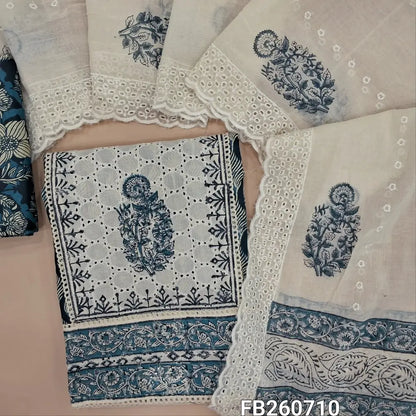 Dark blue schiffli embroidered pure cotton unstitched salwar material(lining optional) panel design, hand block printed, floral printed cotton botton, block printed and schiffli embroidery work on mul cotton dupatta. FB260710