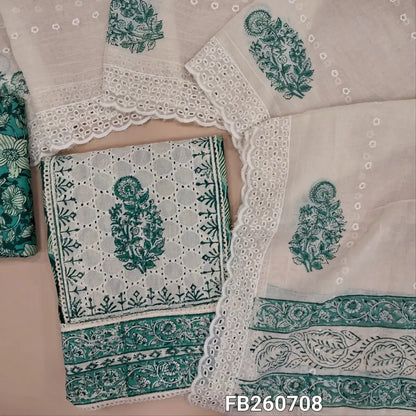 Teal green schiffli embroidered pure cotton unstitched salwar material(lining optional) panel design, hand block printed, floral printed cotton botton, block printed and schiffli embroidery work on mul cotton dupatta. FB260708