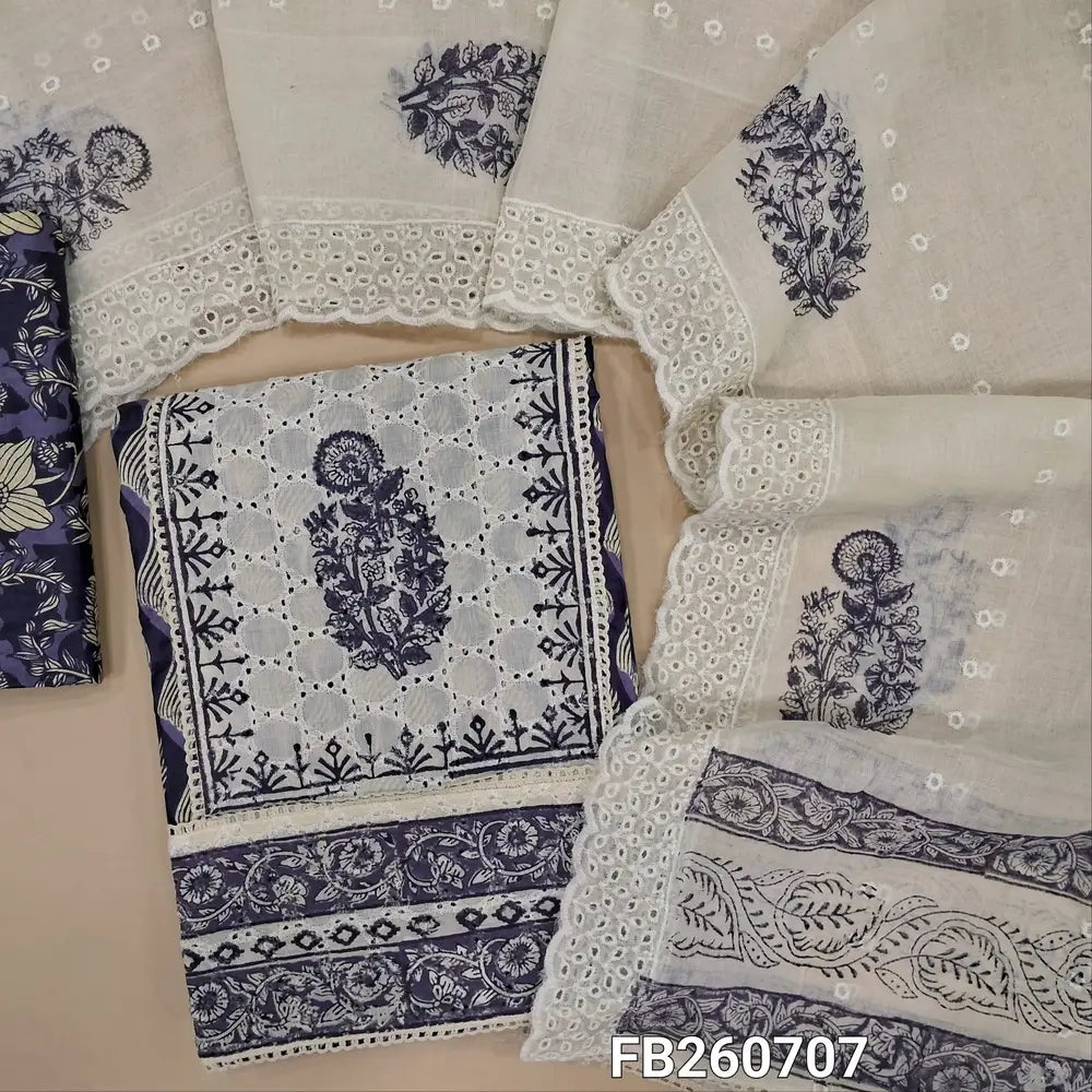 Dark purple schiffli embroidered pure cotton unstitched salwar material(lining optional) panel design, hand block printed, floral printed cotton botton, block printed and schiffli embroidery work on mul cotton dupatta. FB260707