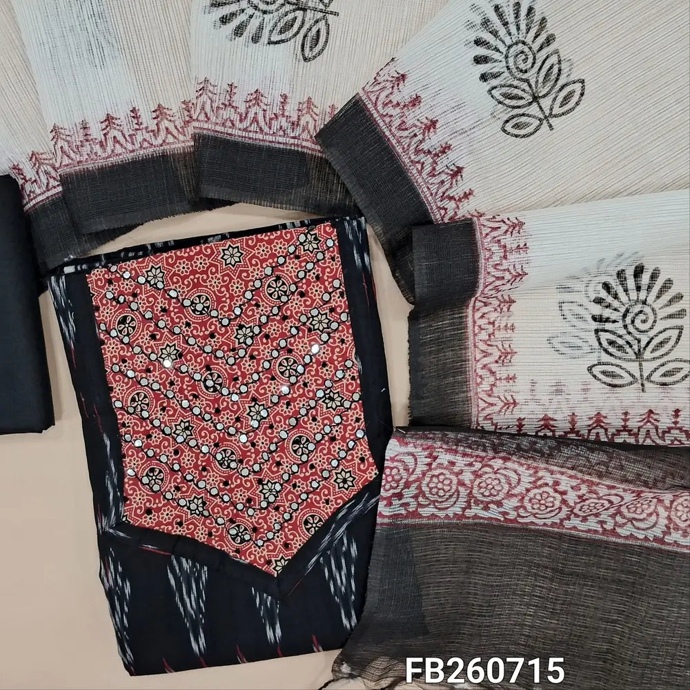 Black ikat woven handloom cotton unstitched salwar material (lining needed)ajrak printed yoke with faux mirror and french knot detailing, ajrak print daman, matching spun cotton bottom, block printed fancy kota silk cotton dupatta. FB260715