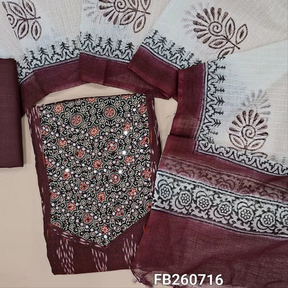 Dark maroon ikat woven handloom cotton unstitched salwar material (lining needed)ajrak printed yoke with faux mirror and french knot detailing, ajrak print daman, matching spun cotton bottom, block printed fancy kota silk cotton dupatta. FB260716