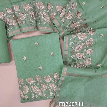 Designer sea green mul chanderi unstitched salwar material (Lining Needed) embroidery work on front, rich embroidered daman, matching spun cotton bottom, rich embroidery work on mul chanderi dupatta with gold tissue borders TAPING NEEDED. FB260711