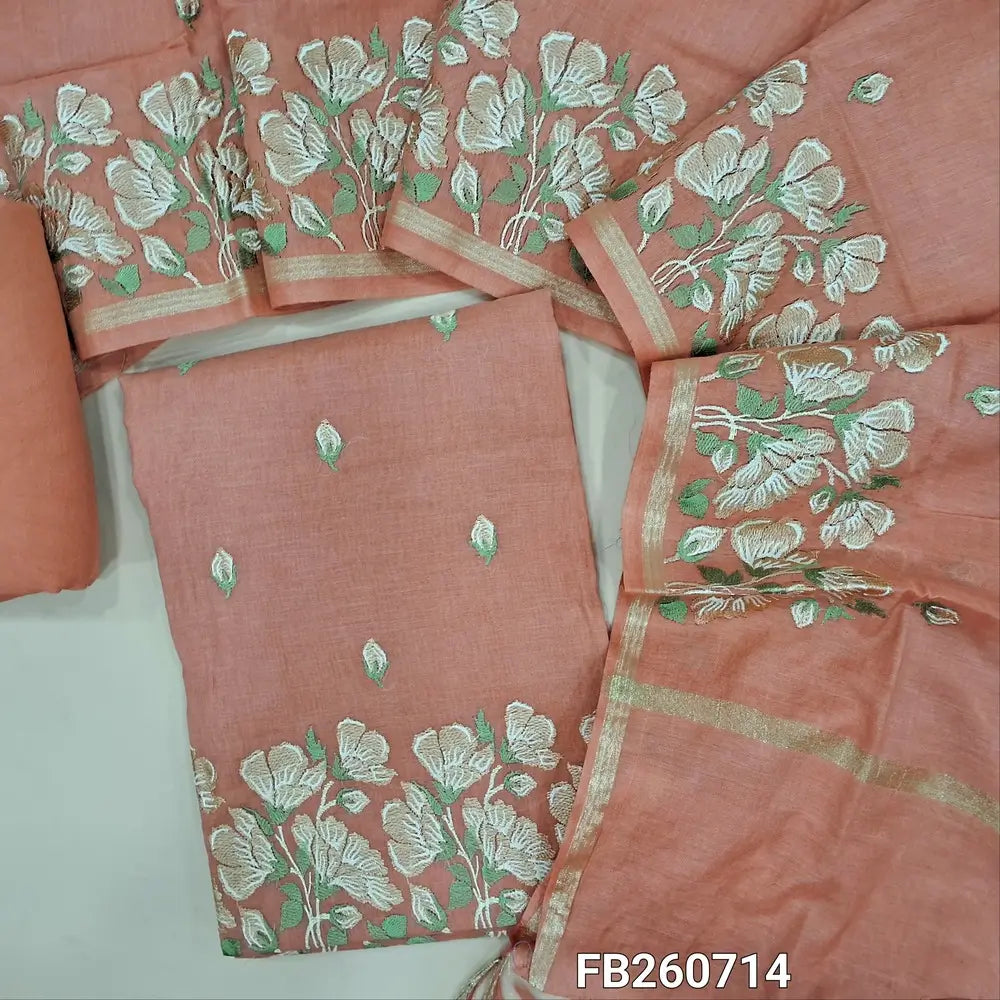 Designer peachish pink mul chanderi unstitched salwar material (Lining Needed) embroidery work on front, rich embroidered daman, matching spun cotton bottom, rich embroidery work on mul chanderi dupatta with gold tissue borders TAPING NEEDED. FB260714