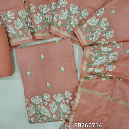 Designer peachish pink mul chanderi unstitched salwar material (Lining Needed) embroidery work on front, rich embroidered daman, matching spun cotton bottom, rich embroidery work on mul chanderi dupatta with gold tissue borders TAPING NEEDED. FB260714