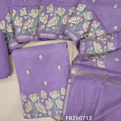 Designer Lavender mul chanderi unstitched salwar material (Lining Needed) embroidery work on front, rich embroidered daman, matching spun cotton bottom, rich embroidery work on mul chanderi dupatta with gold tissue borders TAPING NEEDED. FB260713