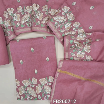 Designer pastel pink mul chanderi unstitched salwar material (Lining Needed) embroidery work on front, rich embroidered daman, matching spun cotton bottom, rich embroidery work on mul chanderi dupatta with gold tissue borders TAPING NEEDED. FB260712