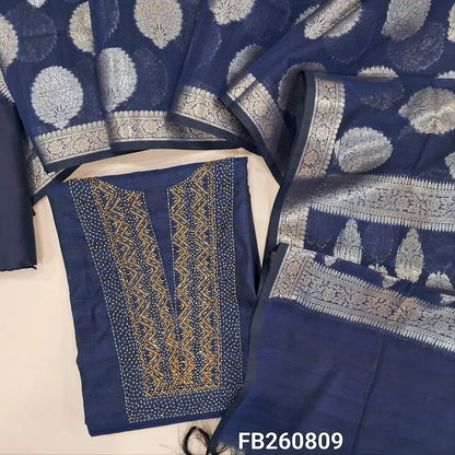 Premium dark blue silk cotton unstitched salwar material, (lining needed) sugar bead, cut bead work on yoke, matching silk cotton bottom, gold & silver zari buttas on silk cotton dupatta with tassels. FB260809