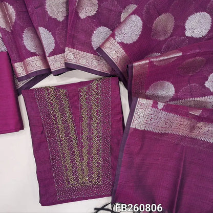 Premium beetroot purple silk cotton unstitched salwar material, (lining needed) sugar bead, cut bead work on yoke, matching silk cotton bottom, gold & silver zari buttas on silk cotton dupatta with tassels. FB260806