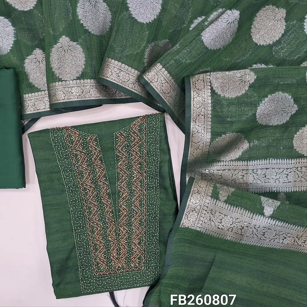 Premium bottle green silk cotton unstitched salwar material, (lining needed) sugar bead, cut bead work on yoke, matching silk cotton bottom, gold & silver zari buttas on silk cotton dupatta with tassels. FB260807