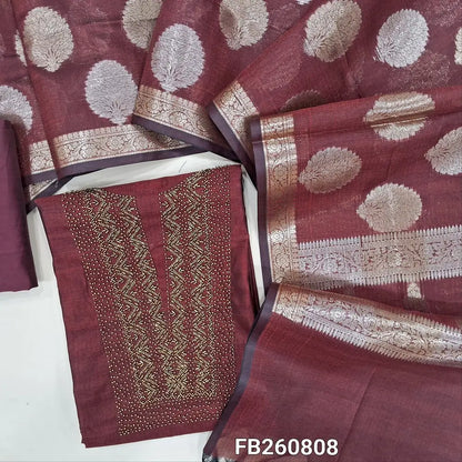 Premium dark maroon silk cotton unstitched salwar material, (lining needed) sugar bead, cut bead work on yoke, matching silk cotton bottom, gold & silver zari buttas on silk cotton dupatta with tassels. FB260808