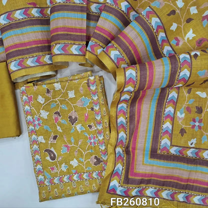 Mehandhi yellow with golden tint printed tissue silk cotton unstitched salwar material(lining needed)kantha stitch and sequins on yoke, spun cotton bottom, kantha stitch and digital printed short width tissue silk cotton dupatta with tassels. FB260810