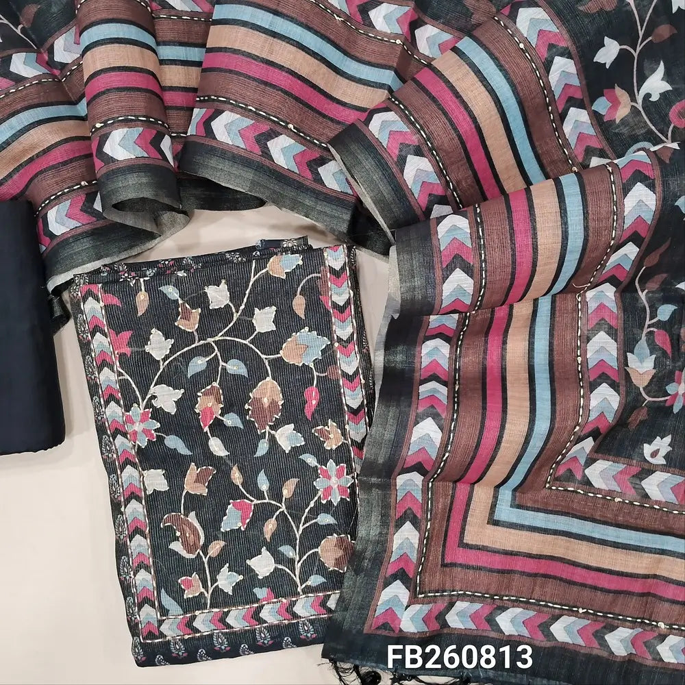 Black with golden tint printed tissue silk cotton unstitched salwar material(lining needed)kantha stitch and sequins work on yoke, matching spun cotton bottom, kantha stitch and digital printed short width tissue silk cotton dupatta with tassels. FB260813