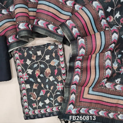 Black with golden tint printed tissue silk cotton unstitched salwar material(lining needed)kantha stitch and sequins work on yoke, matching spun cotton bottom, kantha stitch and digital printed short width tissue silk cotton dupatta with tassels. FB260813