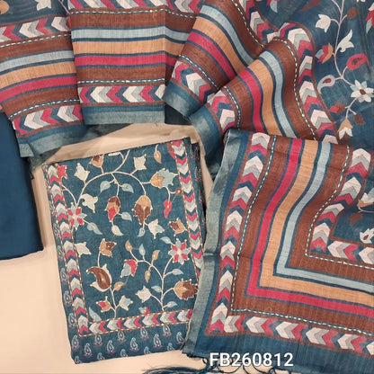 Dark blue with golden tint printed tissue silk cotton unstitched salwar material(lining needed)kantha stitch and sequins on yoke, matching spun cotton bottom, kantha stitch and digital printed short width tissue silk cotton dupatta with tassels. FB260812