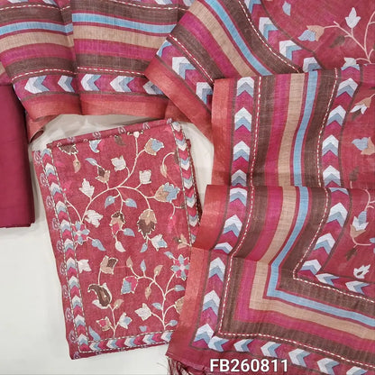 Dark pink with golden tint printed tissue silk cotton unstitched salwar material(lining needed)kantha stitch and sequins on yoke, matching spun cotton bottom, kantha stitch and digital printed short width tissue silk cotton dupatta with tassels. FB260811