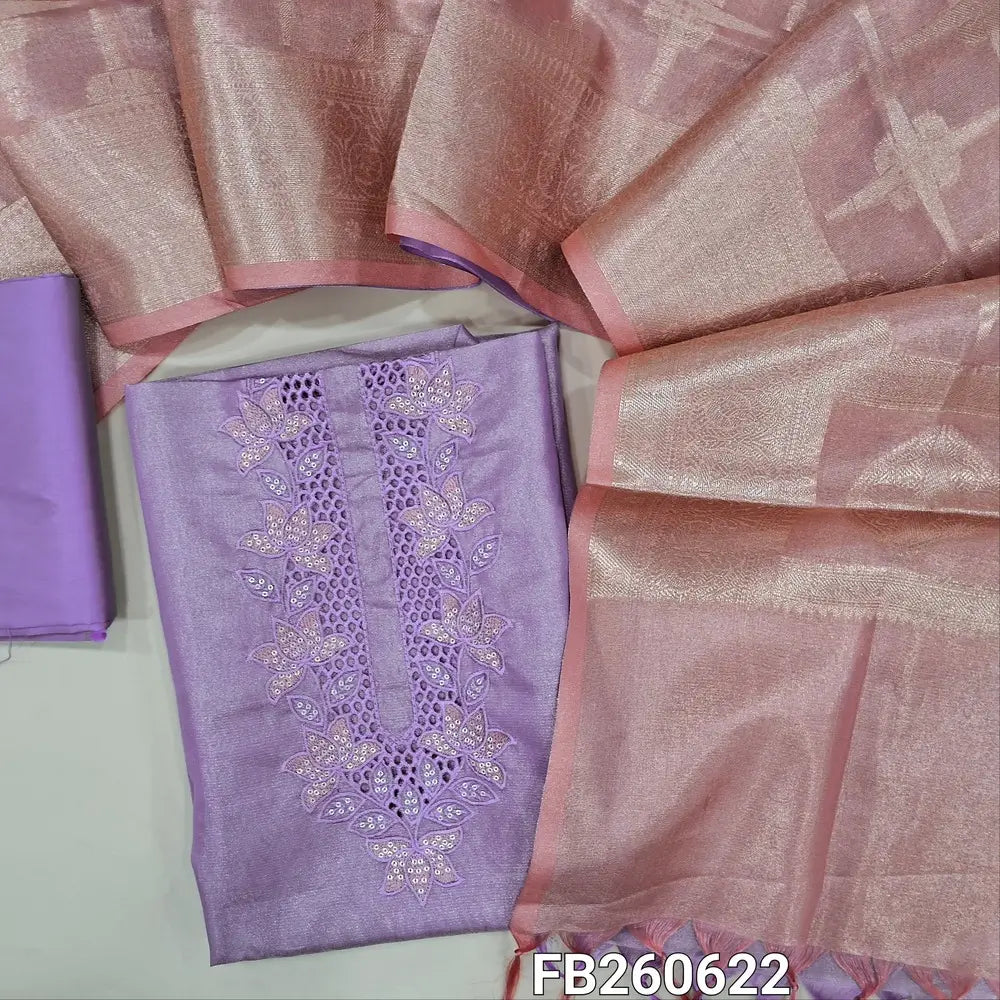 Lavender with golden tint tissue silk cotton unstitched salwar material(lining needed)cut work,embroidery and sequins work on yoke, matching silk cotton bottom,dual shaded Benarasi zari weaving tissue silk cotton dupatta with tassles. FB260622
