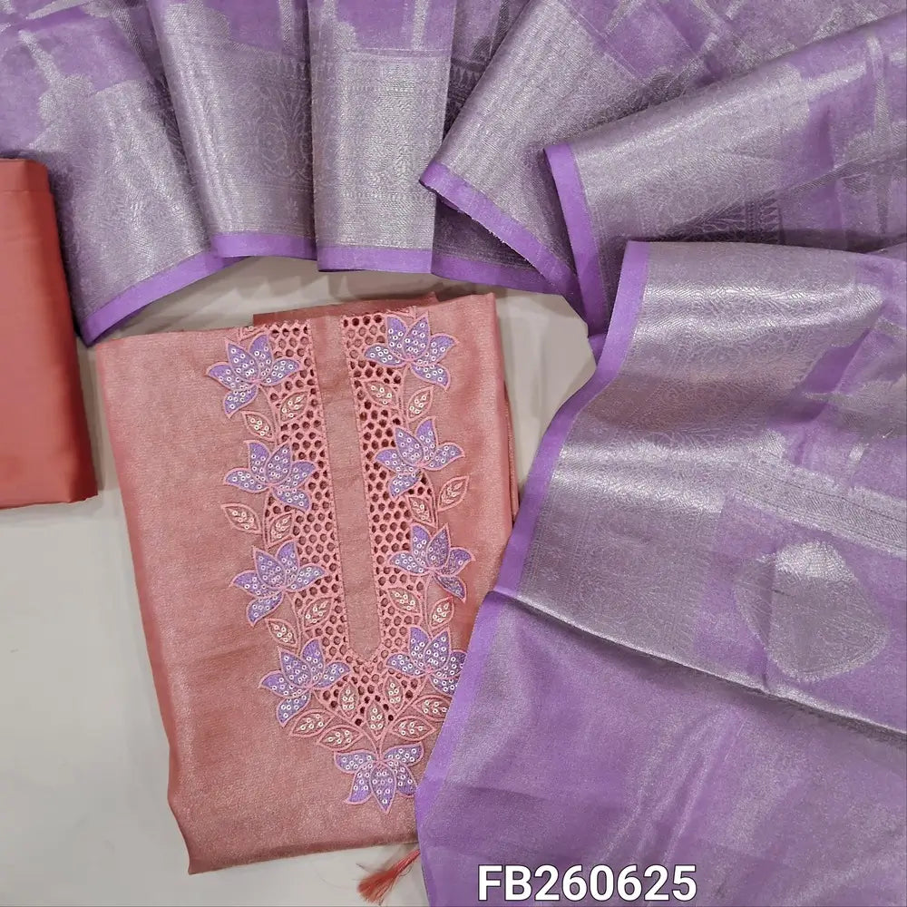 Light peachish pink with golden tint tissue silk cotton unstitched salwar material(lining needed)cut work,embroidery and sequins work on yoke, matching silk cotton bottom,dual shaded Benarasi zari weaving tissue silk cotton dupatta with tassles. FB260625
