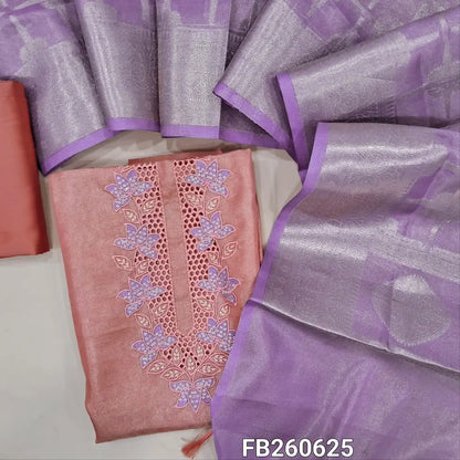 Light peachish pink with golden tint tissue silk cotton unstitched salwar material(lining needed)cut work,embroidery and sequins work on yoke, matching silk cotton bottom,dual shaded Benarasi zari weaving tissue silk cotton dupatta with tassles. FB260625
