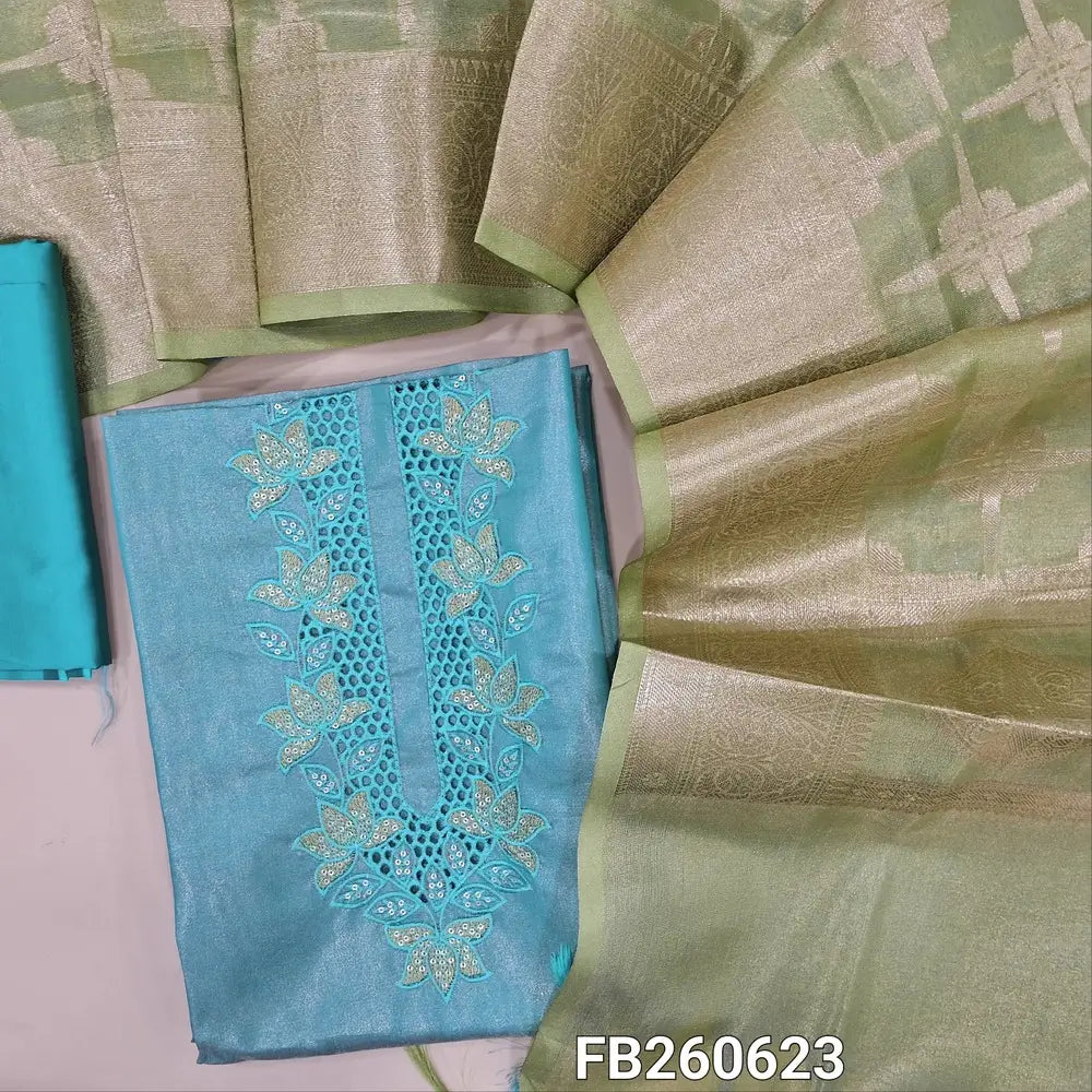 Pastel blue with golden tint tissue silk cotton unstitched salwar material(lining needed)cut work,embroidery and sequins work on yoke, matching silk cotton bottom,dual shaded Benarasi zari weaving tissue silk cotton dupatta with tassles. FB260623