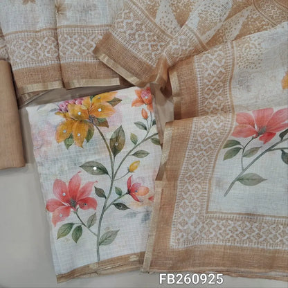 Premium half White kota silk cotton unstitched salwar material (lining needed) printed yoke with zardozi and faux mirror work, zari buttas all over, printed daman,beige drum dyed pure cotton bottom, floral printed kota silk cotton dupatta. FB260925