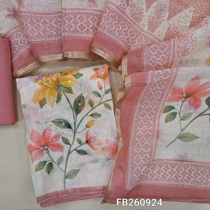 Premium half White kota silk cotton unstitched salwar material (lining needed) printed yoke with zardozi and faux mirror work, buttas all over, printed daman, peachish pink drum dyed pure cotton bottom, floral printed kota silk cotton dupatta. FB260924